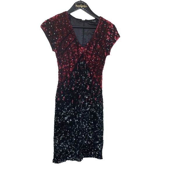 Parker Black Label Black Red Sequin Cap Sleeve V Neck Mini Dress - Picture 1 of 10